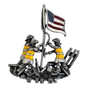 Commemorative 9/11 Pin Signed RAJA Silver Toned Brooch Enamel 11U